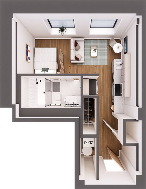 A top-down view of a small, modern apartment with a kitchen, living room, and bathroom.